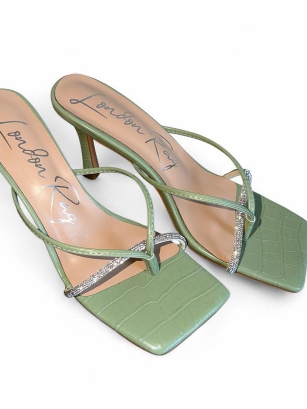 Londun Ray Green Square-Toe Crystal-Strap Heels never worn